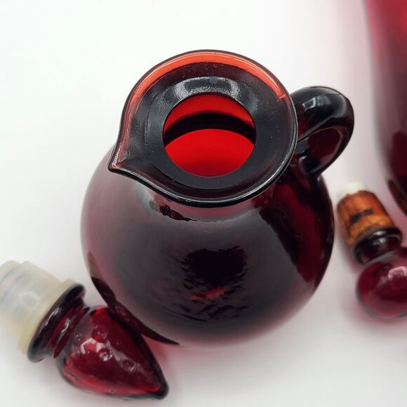 PAIR Vintage Avon Red Glass Bottles with Stoppers 5" Cruet 8" Perfume - Picture 6 of 10
